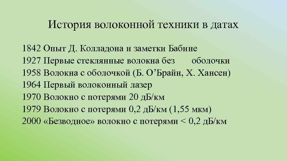 История волоконной техники в датах 1842 Опыт Д. Колладона и заметки Бабине 1927 Первые