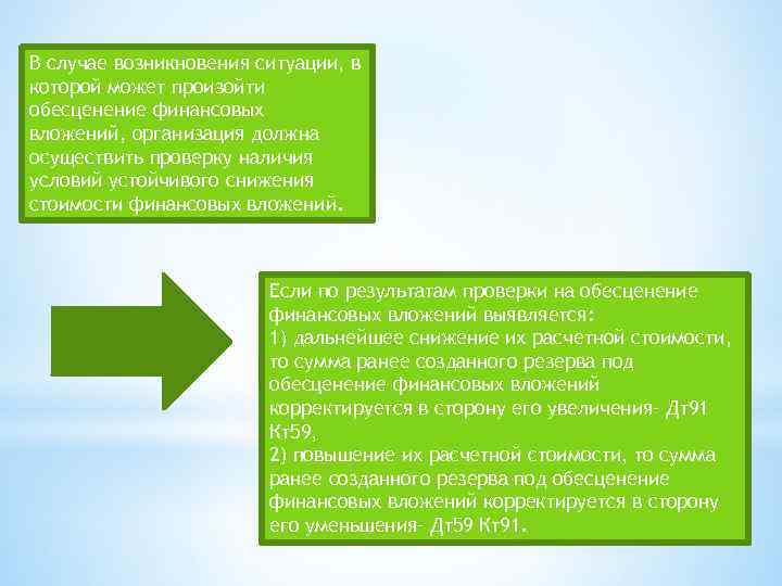 В случае возникновения ситуации, в которой может произойти обесценение финансовых вложений, организация должна осуществить