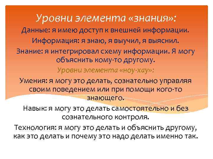 Уровни элемента «знания» : Данные: я имею доступ к внешней информации. Информация: я знаю,