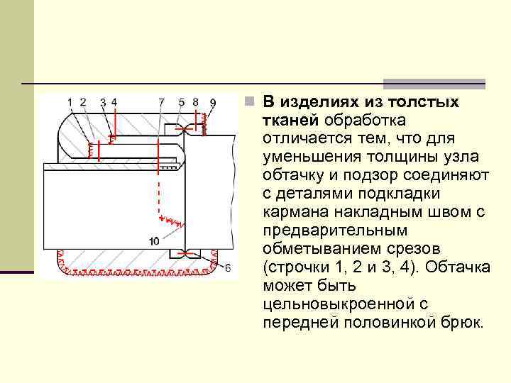 n В изделиях из толстых тканей обработка отличается тем, что для уменьшения толщины узла