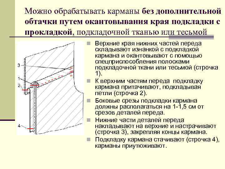 Можно обрабатывать карманы без дополнительной обтачки путем окантовывания края подкладки с прокладкой, подкладочной тканью