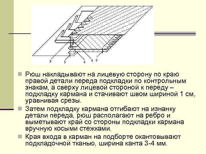 n Рюш накладывают на лицевую сторону по краю правой детали переда подкладки по контрольным