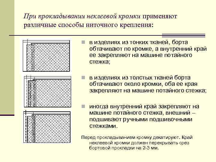 При прокладывании неклеевой кромки применяют различные способы ниточного крепления: n в изделиях из тонких