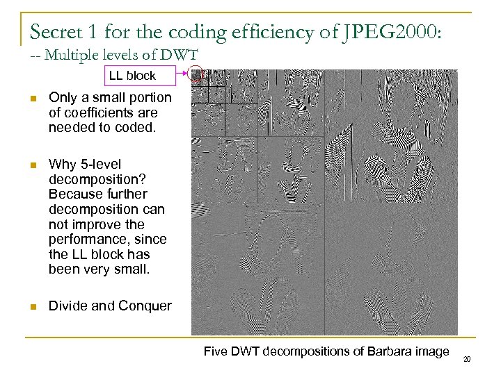 Secret 1 for the coding efficiency of JPEG 2000: -- Multiple levels of DWT