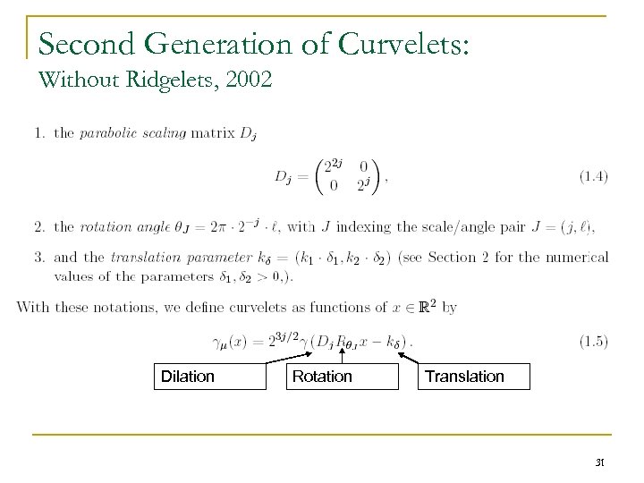 Second Generation of Curvelets: Without Ridgelets, 2002 Dilation Rotation Translation 31 