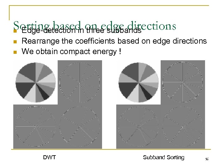 Sorting based on edge directions n Edge-detection in three subbands n n Rearrange the