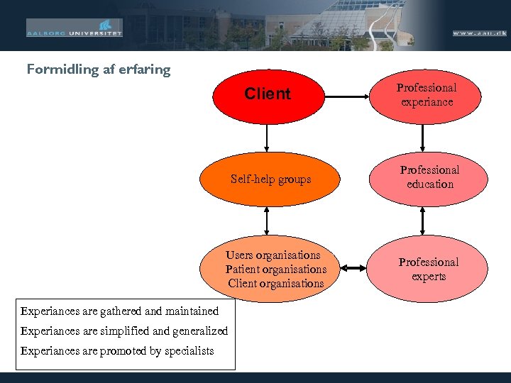 Formidling af erfaring Client Professional experiance Self-help groups Professional education Users organisations Patient organisations