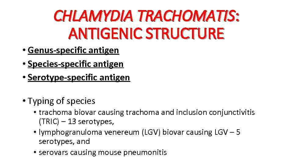 CHLAMYDIA TRACHOMATIS: ANTIGENIC STRUCTURE • Genus-specific antigen • Species-specific antigen • Serotype-specific antigen •