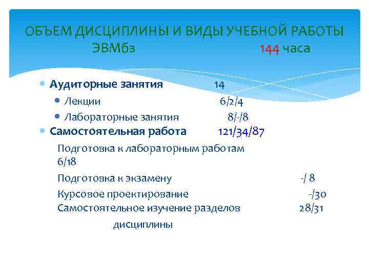 ОБЪЕМ ДИСЦИПЛИНЫ И ВИДЫ УЧЕБНОЙ РАБОТЫ ЭВМбз 144 часа Аудиторные занятия 14 Лекции 6/2/4