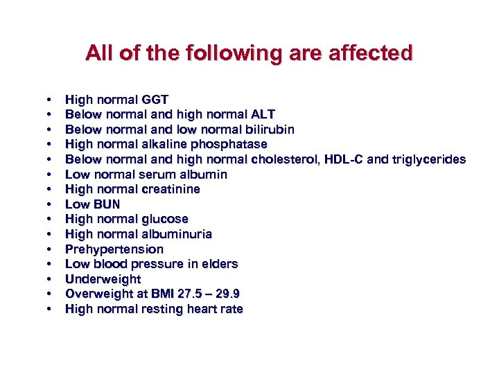 All of the following are affected • • • • High normal GGT Below