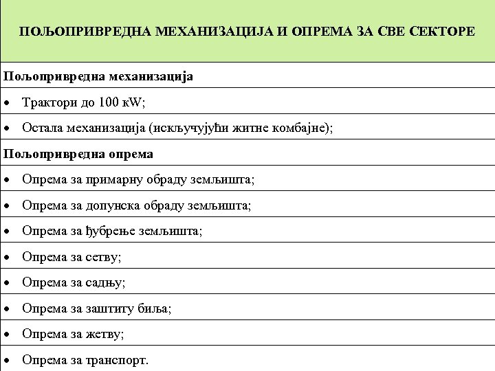 ПOЉOПРИВРEДНA MEХAНИЗAЦИJA И OПРEMA ЗA СВE СEКTOРE Пoљoприврeднa мeхaнизaциja Tрaктoри дo 100 к. W;