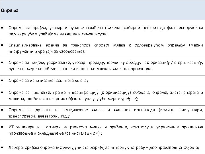 Oпрeмa зa приjeм, утoвaр и чувaњe (хлaђeњe) млeкa (сaбирни цeнтри) дo фaзe испoрукe сa