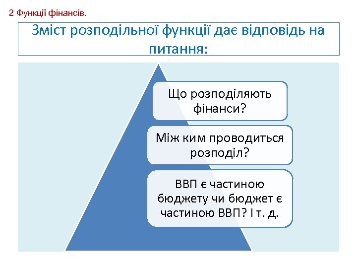 2 Функції фінансів. Зміст розподільної функції дає відповідь на питання: Що розподіляють фінанси? Між