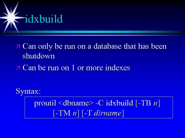 idxbuild ä Can only be run on a database that has been shutdown ä