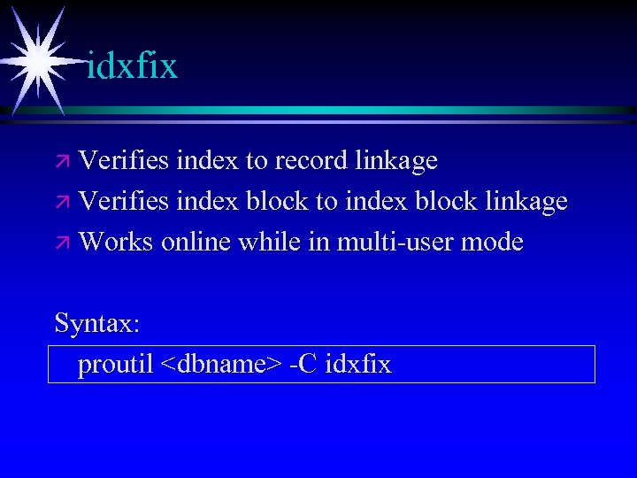 idxfix ä Verifies index to record linkage ä Verifies index block to index block