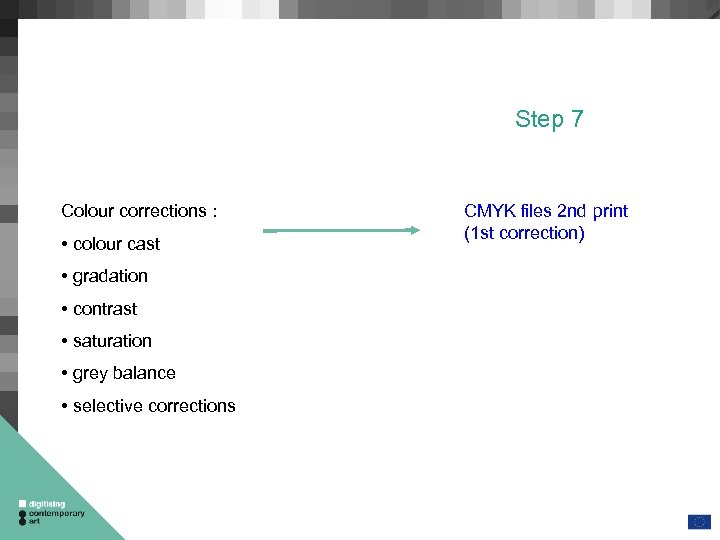 Step 7 Colour corrections : • colour cast • gradation • contrast • saturation