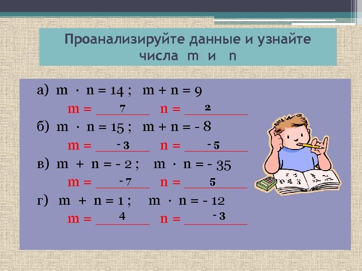 Проанализируйте данные и узнайте числа m и n а) m · n = 14