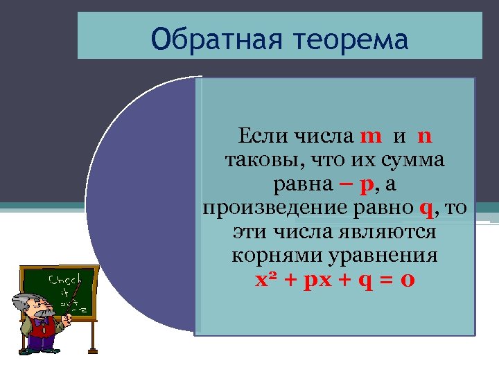 Обратная теорема Если числа m и n таковы, что их сумма равна – р,