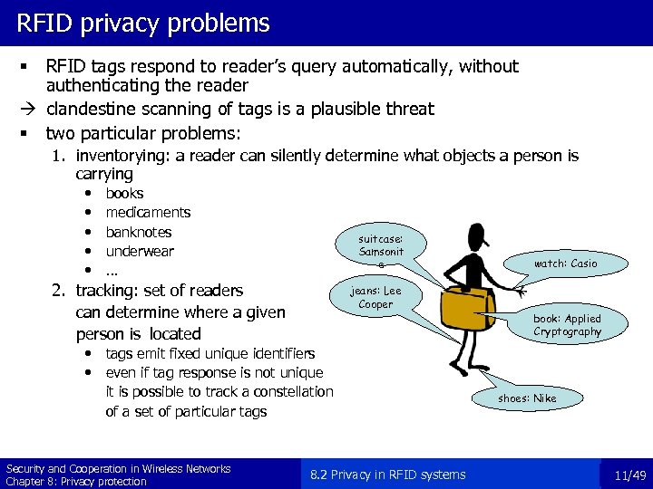 RFID privacy problems RFID tags respond to reader’s query automatically, without authenticating the reader