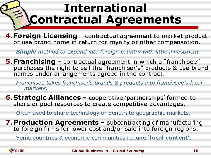 International Contractual Agreements 4. Foreign Licensing – contractual agreement to market product or use