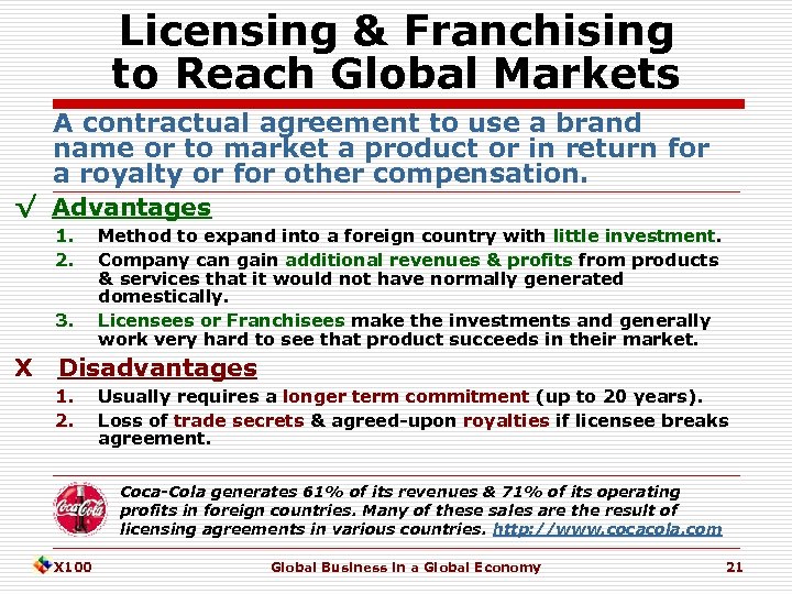 Licensing & Franchising to Reach Global Markets A contractual agreement to use a brand