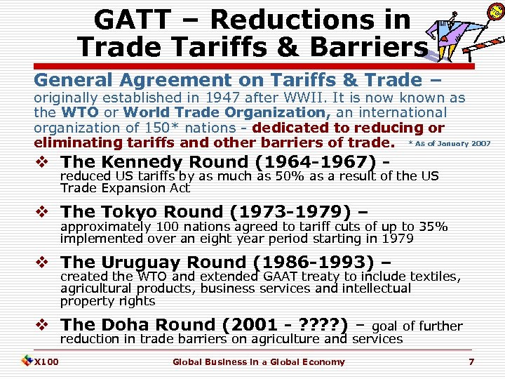 GATT – Reductions in Trade Tariffs & Barriers General Agreement on Tariffs & Trade