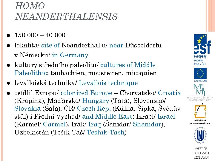 HOMO NEANDERTHALENSIS 150 000 – 40 000 lokalita/ site of Neanderthal u/ near Düsseldorfu