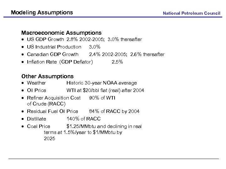 Modeling Assumptions National Petroleum Council Macroeconomic Assumptions · · US GDP Growth 2. 8%