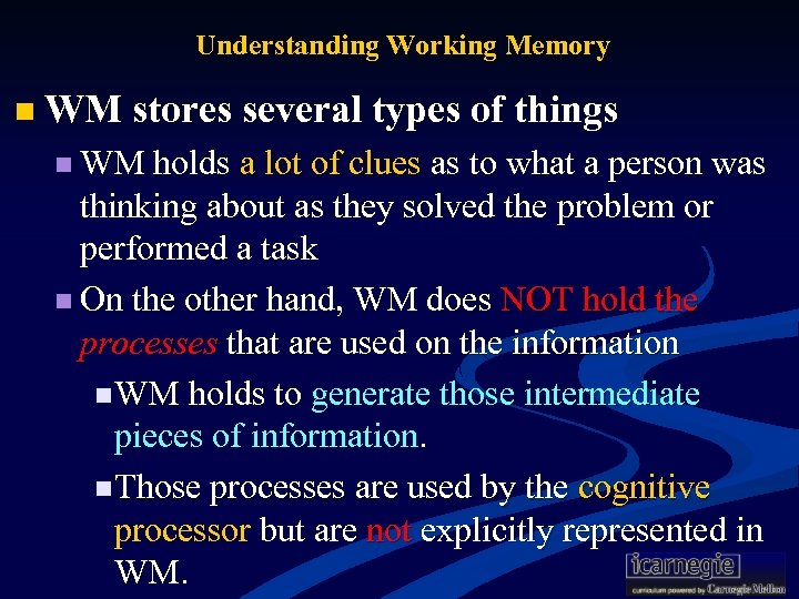 Understanding Working Memory n WM stores several types of things n WM holds a