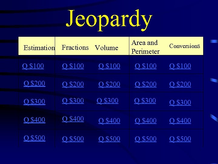 Jeopardy Area and Perimeter Conversions Estimation Fractions Q $100 Q $100 Q $200 Q