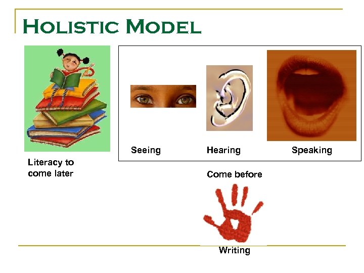 Holistic Model Seeing Literacy to come later Hearing Come before Writing Speaking 