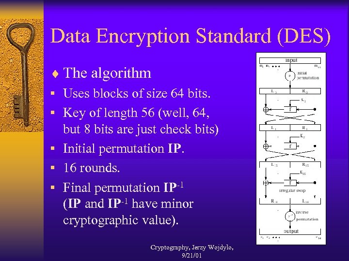 Data Encryption Standard (DES) ¨ The algorithm § Uses blocks of size 64 bits.