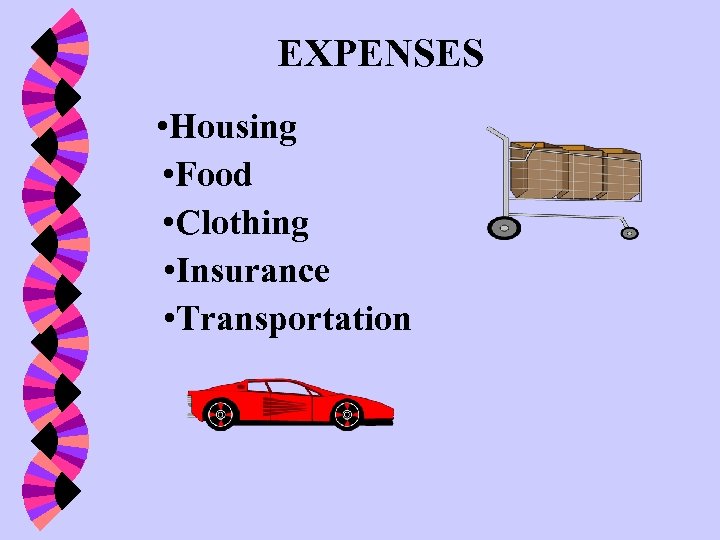 EXPENSES • Housing • Food • Clothing • Insurance • Transportation 