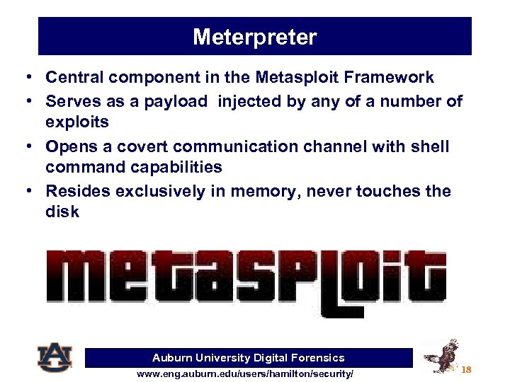 Meterpreter • Central component in the Metasploit Framework • Serves as a payload injected