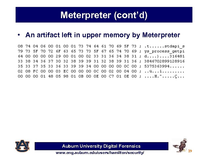 Meterpreter (cont’d) • An artifact left in upper memory by Meterpreter Auburn University Digital