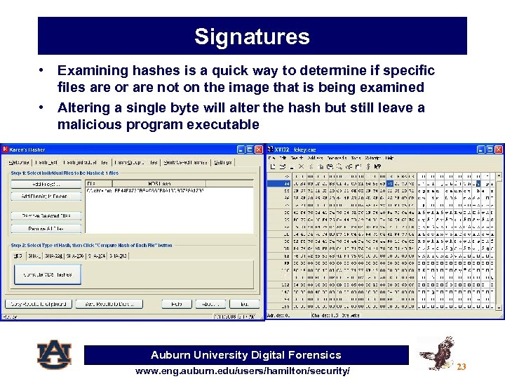 Signatures • Examining hashes is a quick way to determine if specific files are