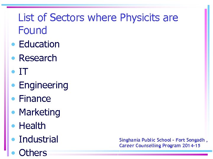 List of Sectors where Physicits are Found • • • Education Research IT Engineering