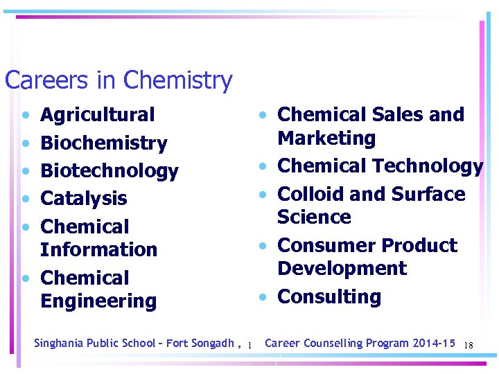 Careers in Chemistry • • • Agricultural Biochemistry Biotechnology Catalysis Chemical Information • Chemical