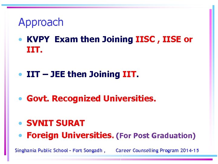 Approach • KVPY Exam then Joining IISC , IISE or IIT. • IIT –