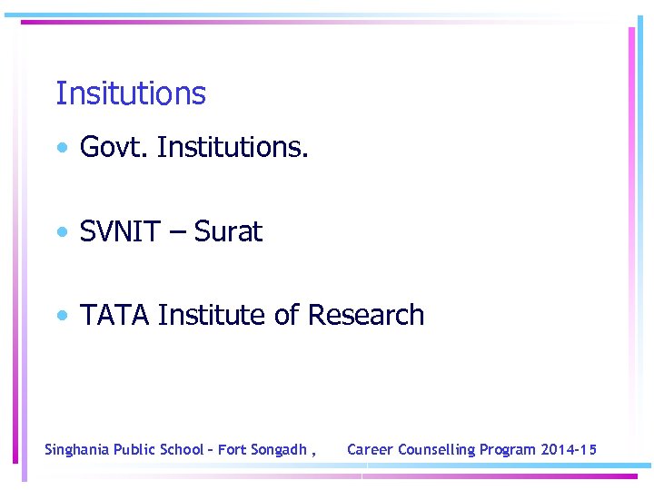 Insitutions • Govt. Institutions. • SVNIT – Surat • TATA Institute of Research Singhania