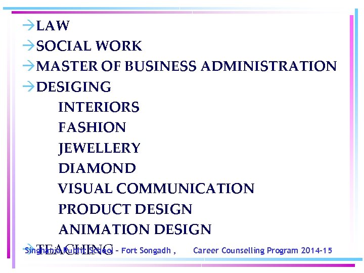 àLAW àSOCIAL WORK àMASTER OF BUSINESS ADMINISTRATION àDESIGING INTERIORS FASHION JEWELLERY DIAMOND VISUAL COMMUNICATION