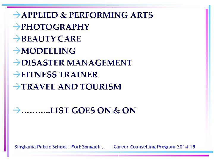 àAPPLIED & PERFORMING ARTS àPHOTOGRAPHY àBEAUTY CARE àMODELLING àDISASTER MANAGEMENT àFITNESS TRAINER àTRAVEL AND