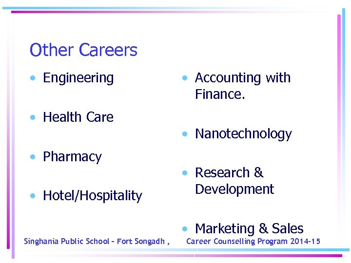 Other Careers • Engineering • Health Care • Pharmacy • Hotel/Hospitality • Accounting with