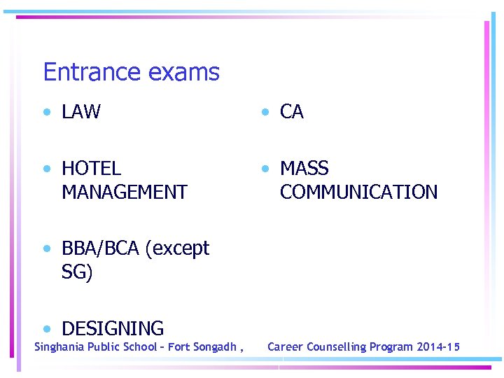 Entrance exams • LAW • CA • HOTEL MANAGEMENT • MASS COMMUNICATION • BBA/BCA