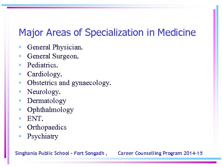 Major Areas of Specialization in Medicine • • • General Physician. General Surgeon. Pediatrics.