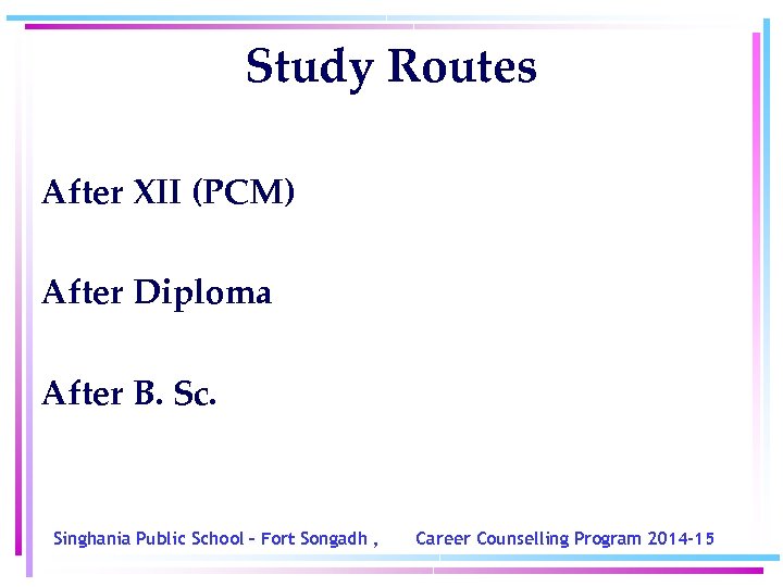 Study Routes After XII (PCM) After Diploma After B. Sc. Singhania Public School –