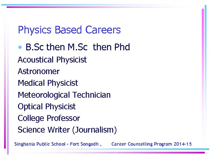 Physics Based Careers • B. Sc then M. Sc then Phd Acoustical Physicist Astronomer