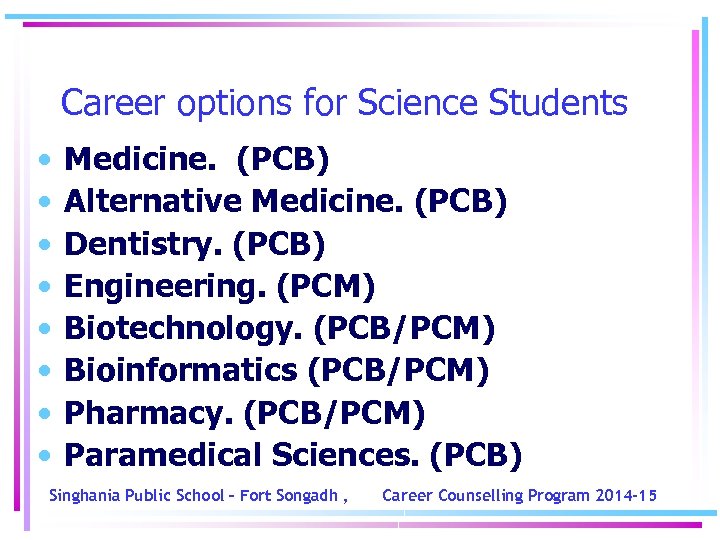 Career options for Science Students • • Medicine. (PCB) Alternative Medicine. (PCB) Dentistry. (PCB)