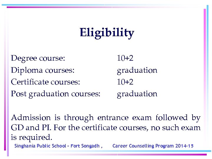 Eligibility Degree course: Diploma courses: Certificate courses: Post graduation courses: 10+2 graduation Admission is