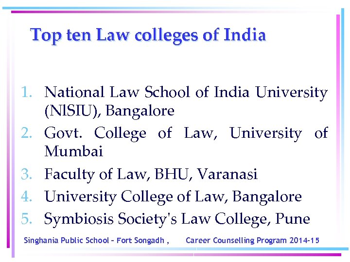 Top ten Law colleges of India 1. National Law School of India University (Nl.